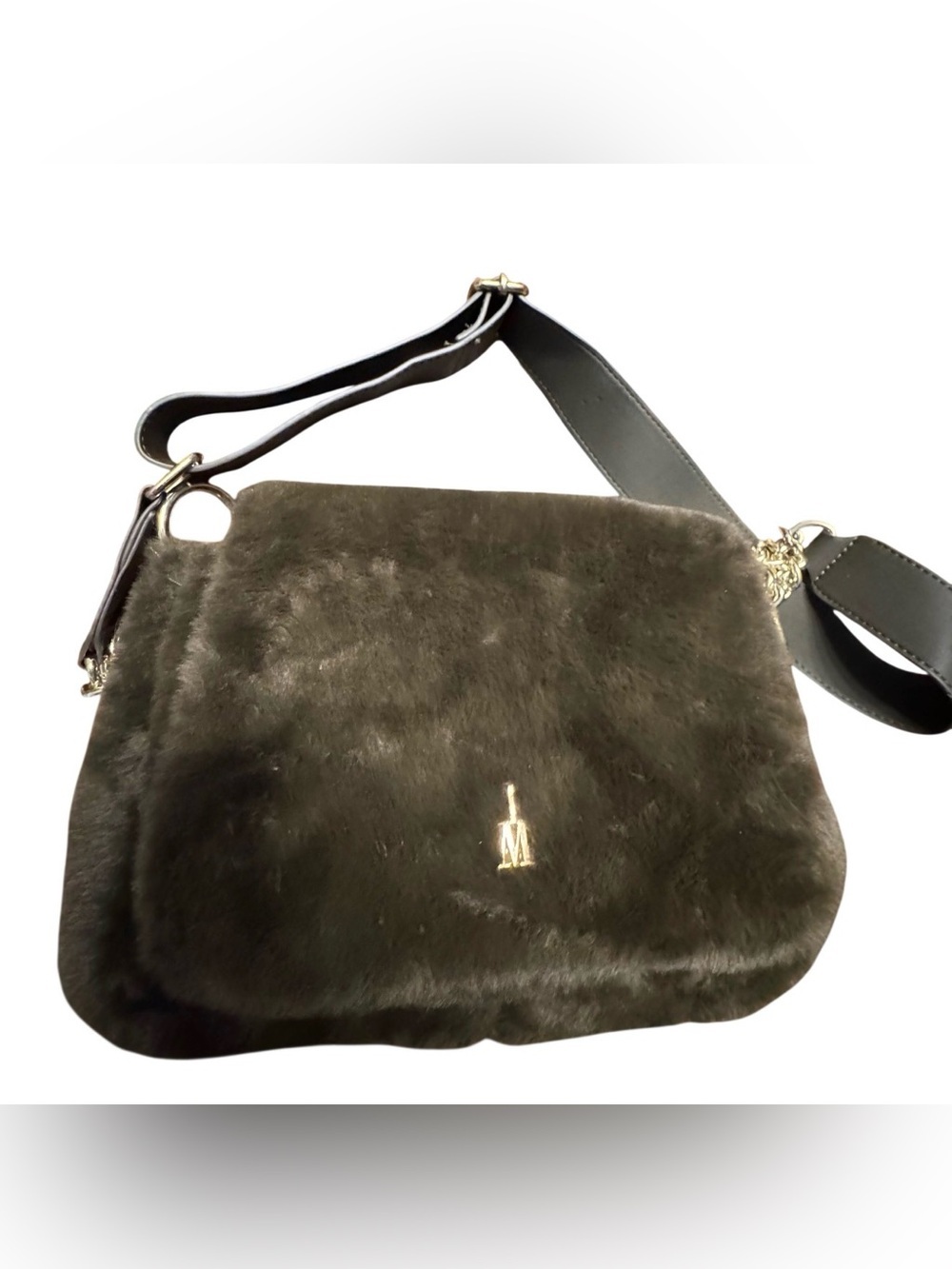 Isaac Mizrahi New York Olive Green Faux Fur Crossbody Bag Goldtone Chain